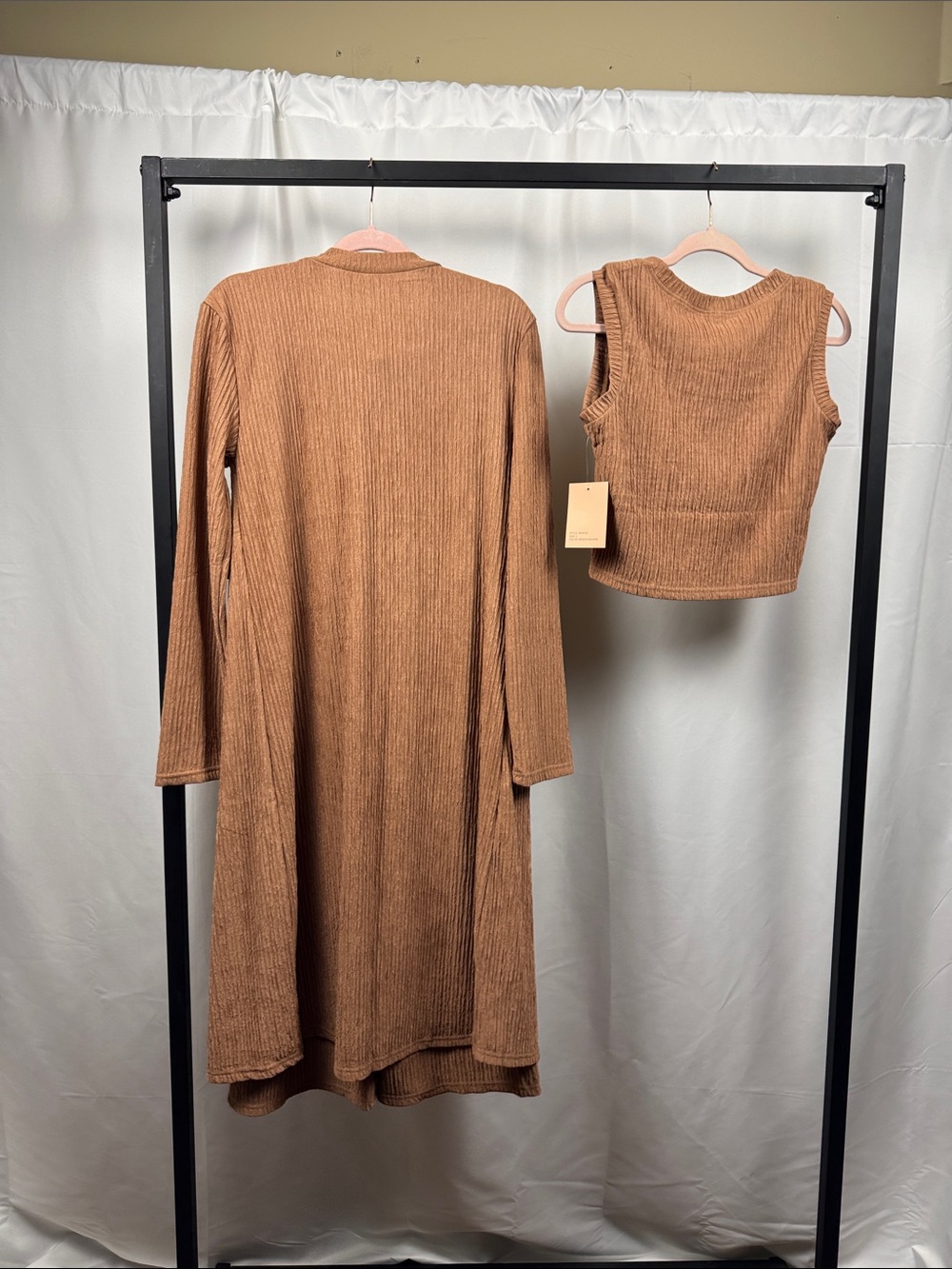 NWT 3 Piece Ribbed Knit Matching Set Duster Tank Wide Leg Pants L - Picture 11 of 12